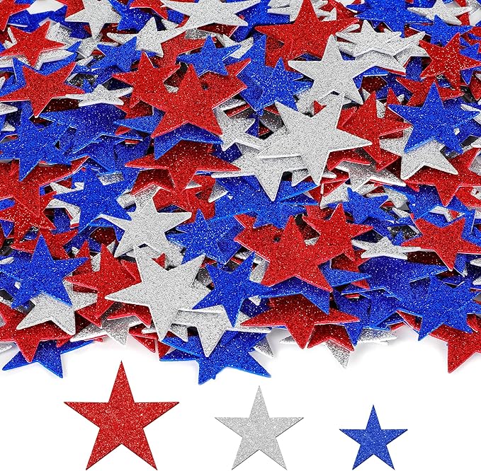 300 PCS 4th of July Star Stickers, Red Silver and Blue Glitter Stickers, Patriotic Self Adhesive Foam Stickers for Fourth of July Parade Party Accessories Decor Memorial Day Arts Craft Supplies