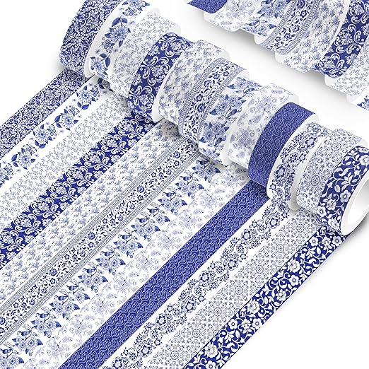 12 Pcs Blue and White Porcelain Washi Tape Set Chinoiserie Patterned Masking Tape Porcelain Pattern Decorative Paper Sticker for Scrapbook DIY Craft Gift Wrapping Handbook Sticker