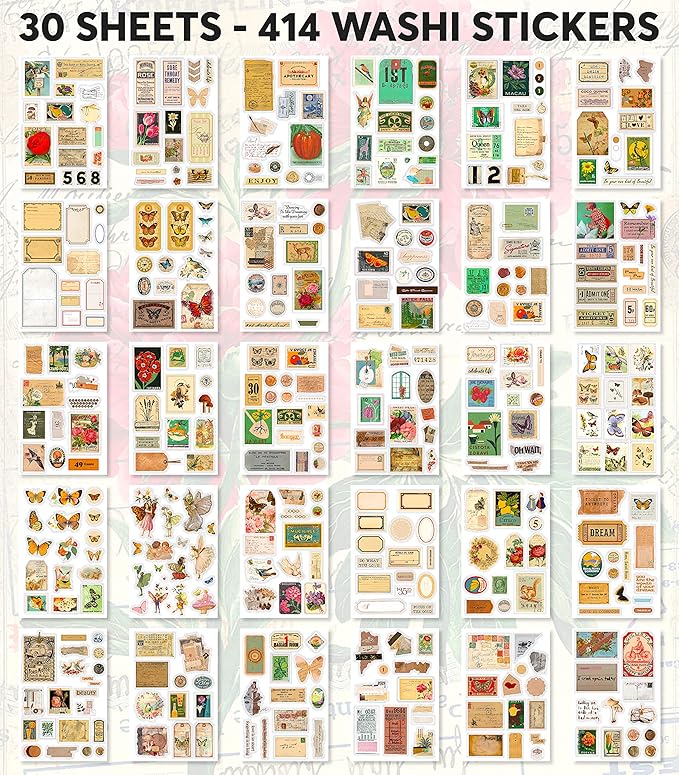 Vintage Washi Stickers for Journaling - Ephemera Book for Journaling with 414 Stickers & 20 Scrapbook Papers. Junk Journal Supplies, Scrapbooking Supplies