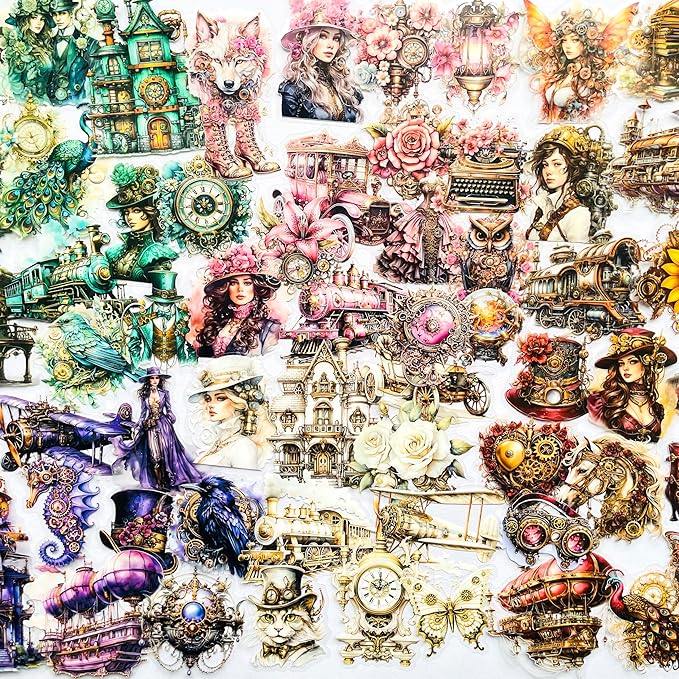 Yoksas Vintage Victorian Steampunk Stickers - 120Pcs Clear Waterproof Antique Machinery Punk Stickers for Scrapbooking, Junk Journals