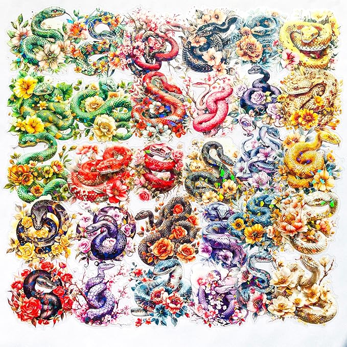 30-Pack Large Holographic Floral Snake Reptile Clear Scrapbook Stickers – Vibrant Serpent Decals with Flowers for Journals, Laptops, Water Bottles, Resin Art Projects