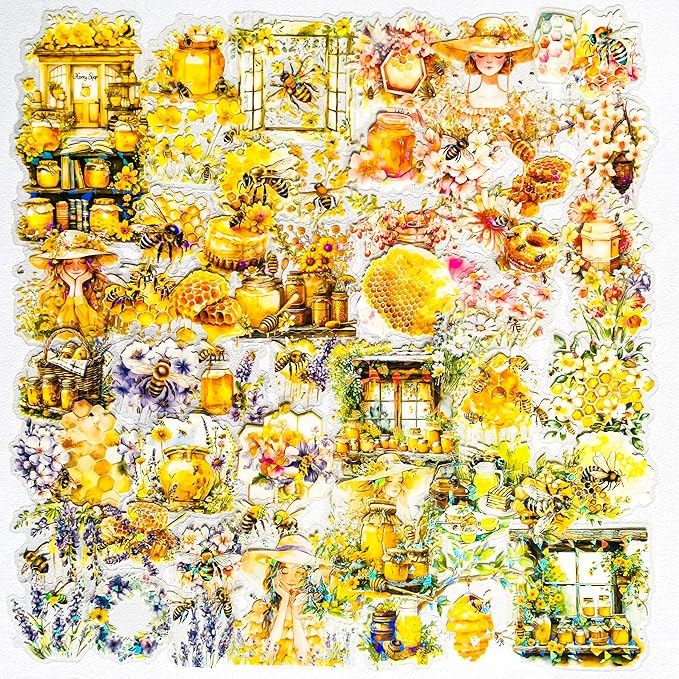 60-Piece Holographic Bee Insect Garden Girls Aesthetic Stickers – Clear Honeybee, Floral, Honeycomb Scrapbooking Stickers for Journaling, Resin Art, Laptops, Test Tube Vase Decoration