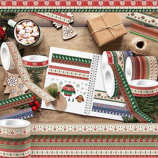 12 Rolls Christmas Washi Tape Set, Ugly Sweater Masking Tape Vintage Cartoon Xmas Ugly Sweater Decorative Tape, Xmas Holiday Retro Masking Tape for Journaling Supplies, Scrapbooking, DIY Arts & Crafts