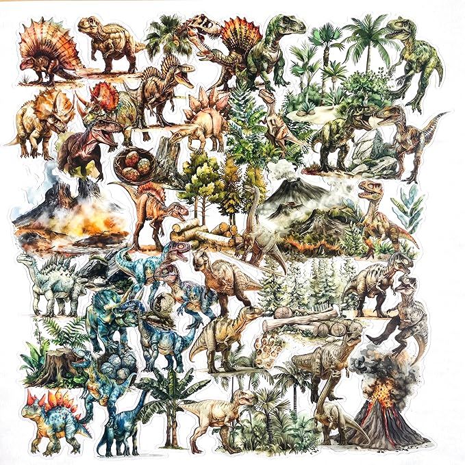 60 PCS Large Jurassic Dinosaur Clear Stickers for Scrapbooking, Planner, Watercolor Prehistoric Volcano Forest Dinosaur Vinyl Decals for Teens Adults Crafts, Journaling
