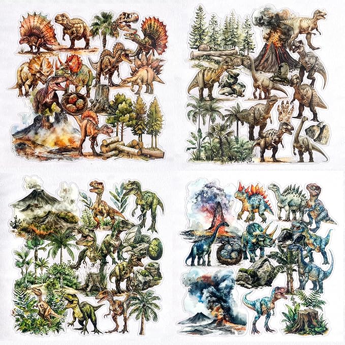 60 PCS Large Jurassic Dinosaur Clear Stickers for Scrapbooking, Planner, Watercolor Prehistoric Volcano Forest Dinosaur Vinyl Decals for Teens Adults Crafts, Journaling