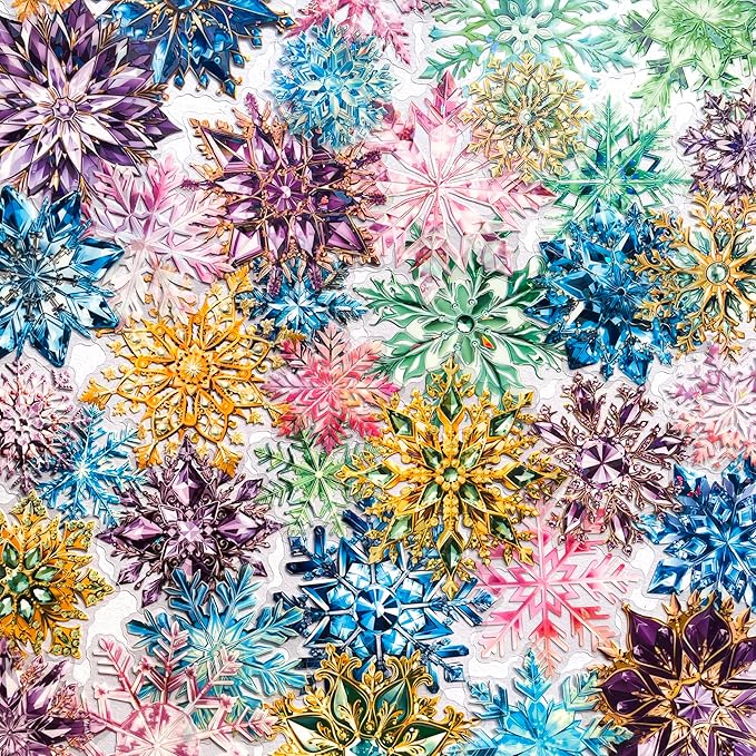 Yoksas Holographic Ice Crystal Snowflake Stickers - 60 Pcs Large Clear Snowflake Stickers for Scrapbooking, Journaling, Planners, Resin Art Supplies