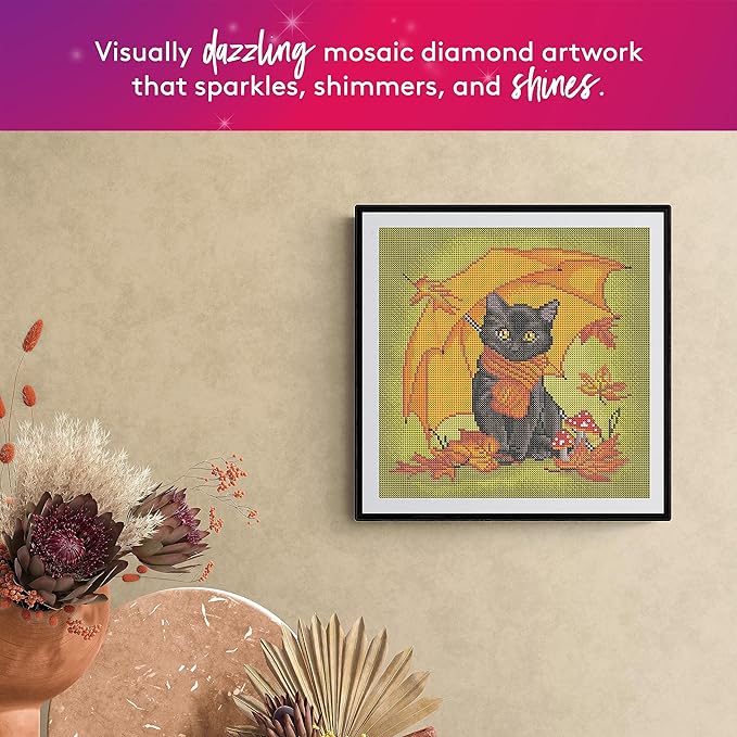 DIAMOND ART CLUB Under My Umbrella - Black Kitty Diamond Painting Kit, Fun DIY Crafts for Adults, Round Diamond Art Canvas, 13" x 13"