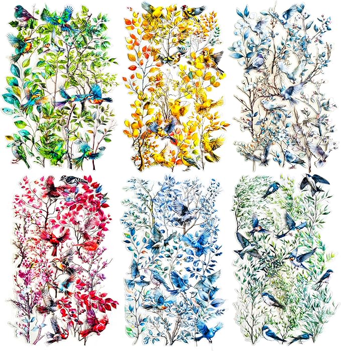120-Piece Clear Bird & Floral Branch Sticker - Vintage Watercolor Nature Scrapbook Stickers for Scrapbooking, Journals, Art Crafts, Stationery Decoration