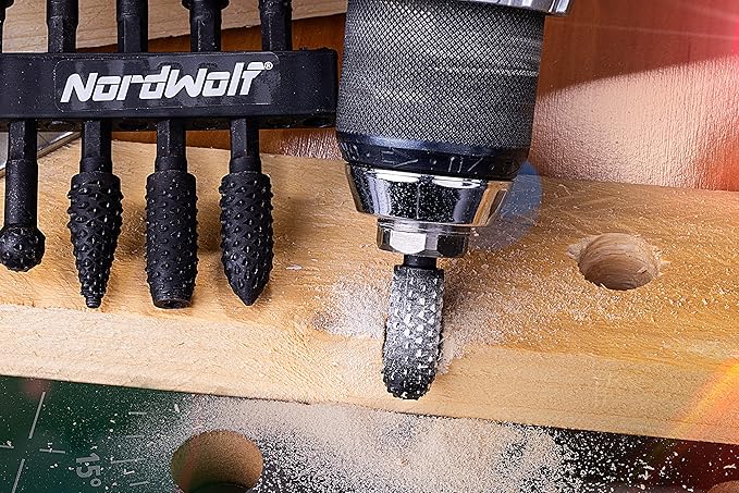 NordWolf 10-Piece Rotary Burr Wood Carving Rasp Files Set, with 1/4" Hex Shank for Wood & Rubber Deburring, Shaping and Grooving