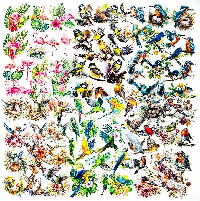 180 Pcs Transparent Flower Bird Stickers – Watercolor Floral Scrapbooking Supplies with Hummingbirds, Flamingos, Parrots – Clear Nature Stickers for Journals & Resin Art Crafts