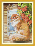 Threadhaven Counted Cross-Stitch Kit 14CT Aida Fabric with Threads, Needles & Guide | Animal Sewing Pattern Embroidery Kit for Adults | Premium DIY Craft Kit- The Cat in The Window 14.9''×20.4''