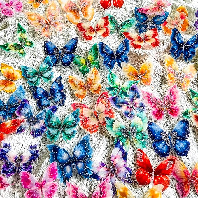 120Pcs Silver Glitter Butterfly Stickers Pack, 6 Colors Clear Scrapbooking Stickers, Sparkly PET Butterfly Decals for Journals, Planners, Cards Making, Gift Wrapping Decoration