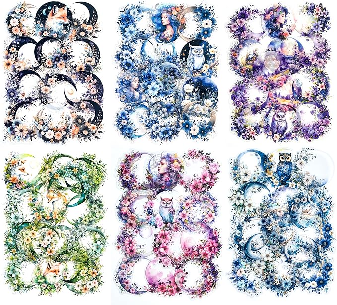 120Pcs Fantasy Moon Flower Scrapbook Stickers - Clear Waterproof Moonlit Floral Forest Fox Owl Stickers for Scrapbooking,Junk Journals,Planner,Art Projects