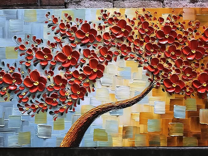 YaSheng Art- hand painted Contemporary Art Oil Painting On Canvas Texture Palette Knife 3D Red Flowers Tree Paintings Abstract Art Home Modern Bedroom Dining Room Living Room Wall Art Decor 20x40inch