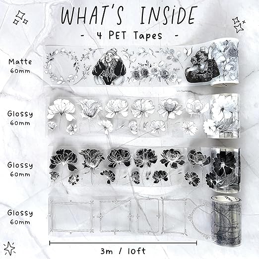 4 PET Tapes for Journaling and Scrapbooking - Black & White Junk Journal Supplies for DIY Arts & Crafts Projects