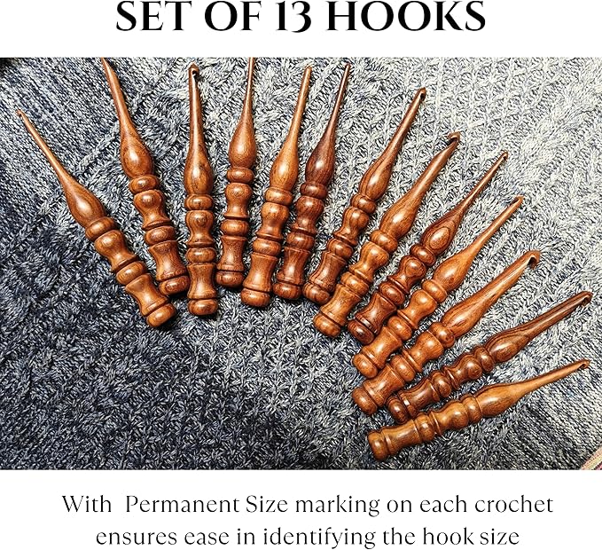 Shesham Wood Crochet Hooks Set of 13 - Sizes 3.5 mm to 12 mm – Premium Wooden Hooks for Knitting and Crocheting | Natural Wood Craft Tools | Perfect Mother's Day Gift