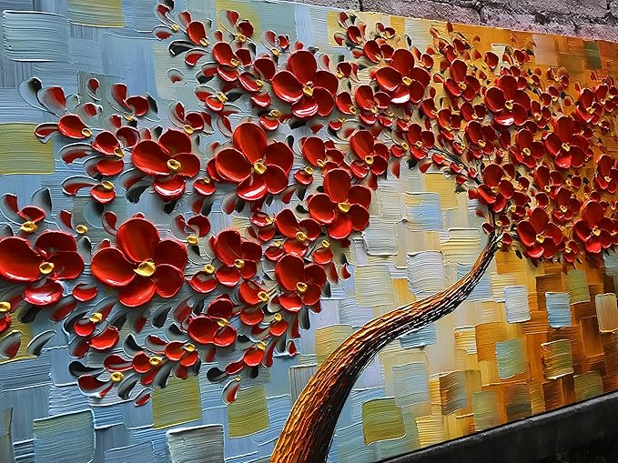 YaSheng Art- hand painted Contemporary Art Oil Painting On Canvas Texture Palette Knife 3D Red Flowers Tree Paintings Abstract Art Home Modern Bedroom Dining Room Living Room Wall Art Decor 20x40inch