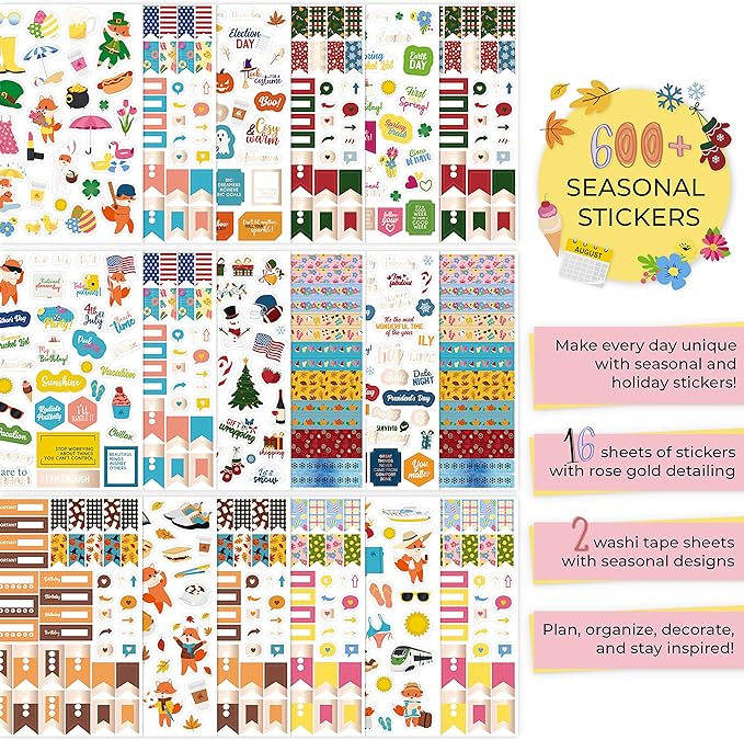 Clever Fox Seasonal Planner Stickers – 600+ Month, Holiday, Washi Tape & Seasons Stickers for Monthly Journal & Calendar – 18 Sheets (Seasonal Pack)