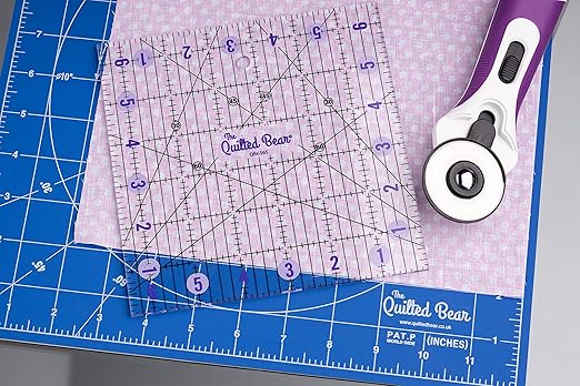 The Quilted Bear Quilting Rulers - Transparent Acrylic Non Slip Quilting, Patchwork & Sewing Ruler with Clear Black Lines & 30, 45 & 60 Degree Angles for Perfect Accuracy & Precision (5" x 5")