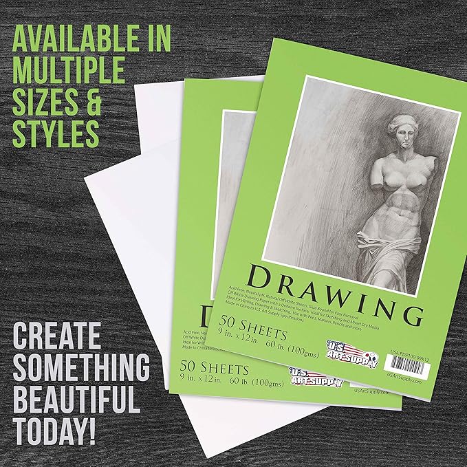 U.S. Art Supply 9" x 12" Premium Drawing Pad, Pack of 2 (50 Sheets Each), 60 lb (100 GSM) - Artist Sketch Book, Mixed Media Paper, Sketchbook for Drawing, Colored Pencils, Charcoal - Adults, Students