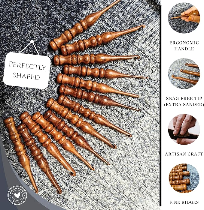 Shesham Wood Crochet Hooks Set of 13 - Sizes 3.5 mm to 12 mm – Premium Wooden Hooks for Knitting and Crocheting | Natural Wood Craft Tools | Perfect Mother's Day Gift