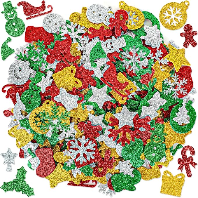 300 Pcs Christmas Foam Stickers Bulk, Self-Adhesive Christmas Stickers DIY Craft, Glitter Santa Claus Snowman Snowflake Pattern, Xmas Party Favors Winter Holiday Decorations