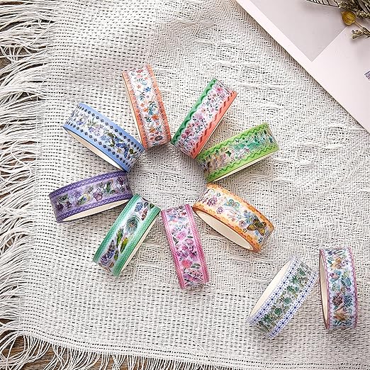 YUBBAEX 10 Rolls Embroidery Pattern Washi Tape Set - Decorative Adhesive Masking Tape for Scrapbooking, Journaling, DIY Crafts, Gift Wrapping – Vintage Floral and Nature Designs