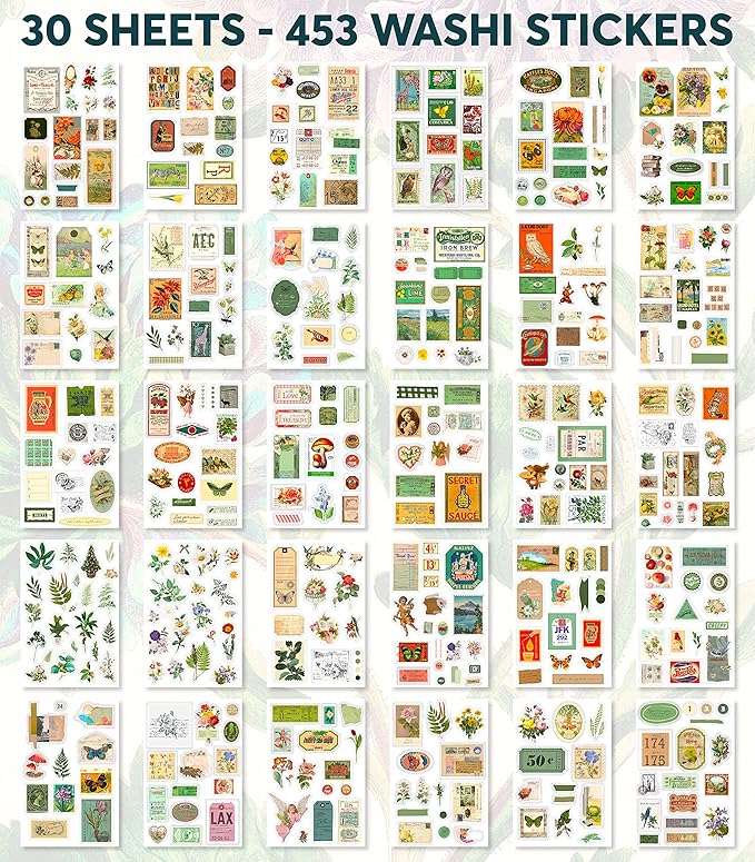 Washi Vintage Stickers for Scrapbooking - Ephemera Book for Journaling with 453 Stickers and 20 Scrapbook Papers. Ephemera for Junk Journals, Journaling Supplies